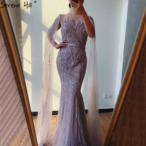 Dubai Pink Luxury Long Sleeves Evening Gowns 2020 Mermaid Sequins Beading Sexy Fromal Dresses Serene Hill LA70160