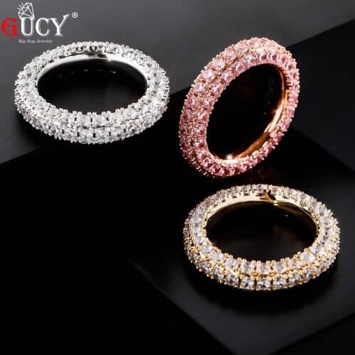 GUCY Two Row Mens Ring Copper Charm Cubic Zircon Iced Ring Fashion Hip Hop Jewelry For Gift