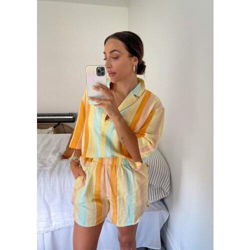 DYLQFS 2021 Summer Women Vintage Color Stripes Loose Short Sleeve Single Breasted Shirt Female Streetwear Shirts Casual Top