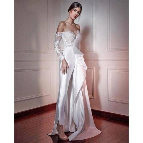 Elegant Jumpsuit Prom Dresses Lace Appliques Ruffles Long Sleeves Evening Dress Custom Made Off Shoulder Floor Length Party Gown