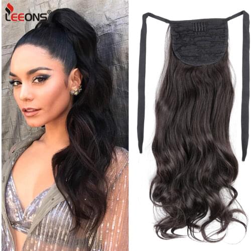 Leeons Long Body Wave Ponytail Hair Extension Tie Up Hair Piece Heat Resisting Fiber Synthetic Ponytail Dark Brown Hairpiece