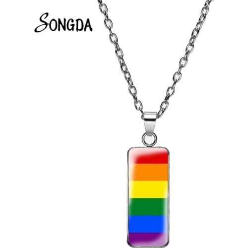 Lgbt Gay Pride Flags Necklacethey Theirs Pronouns Rainbow Pride Flag Art Print Glass Cabochon Necklaces Rectangular Pendant Gift
