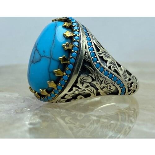 Sterling 925 silver Turkish handmade jewelry turquoise stone mens ring all size