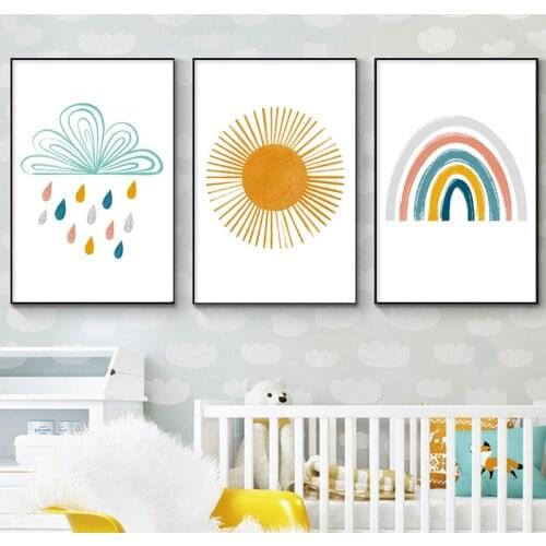 Baby Nursery Wall Art Canvas Poster Prints Cartoon Brush Sun Painting Nordic Kids Decoration Picture Children Bedroom Decor