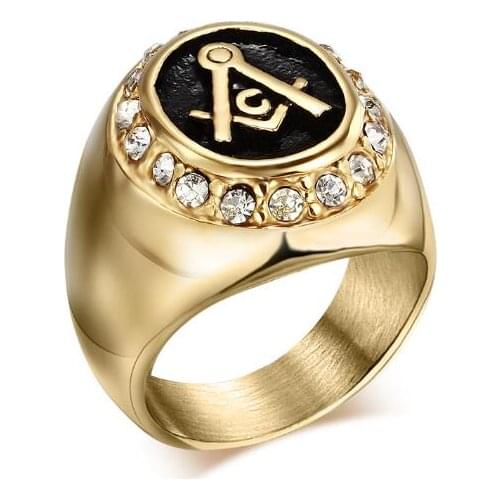 Newly Designed Golden Crystal Freemason Rings Vintage Classic Masonic Free mason Rings Mens Fashion Jewelry Accessory 10pcs/lot