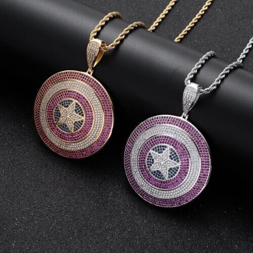 Freewear Bling Iced Out Captain America Shield Necklace & Pendant With AAA Cubic Zircon Gold Mens Women Hip hop Rock Jewelry