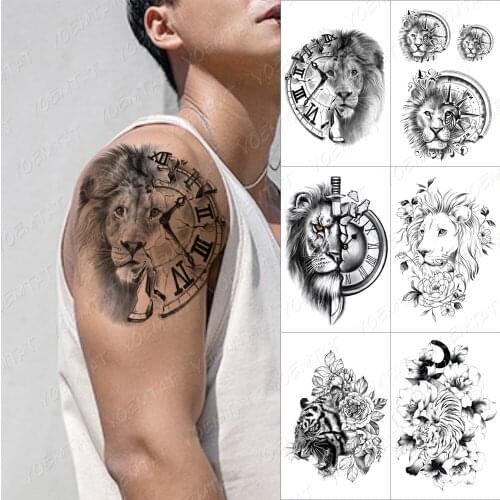 Clock Lion Knife Temporary Tattoo Sticker For Men Women Rose Flower Wolf Waterproof Fake Henna Tiger Animal Body Art Tatoo Decal
