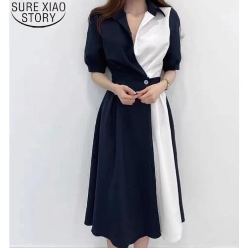 Summer New Elegant Long Dresses Women Dress Fashion Midi A-line Korea Chic Contrast Button Up Waist Short Sleeve Dress 15185