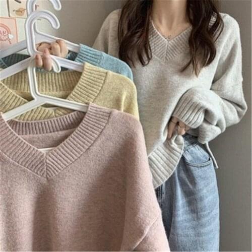 Korean New Pullovers Women Daily Female Sweater V-Neck Sweet Classic Pure Simple Basic College Knitted Long Sleeve Soft Hot Sale