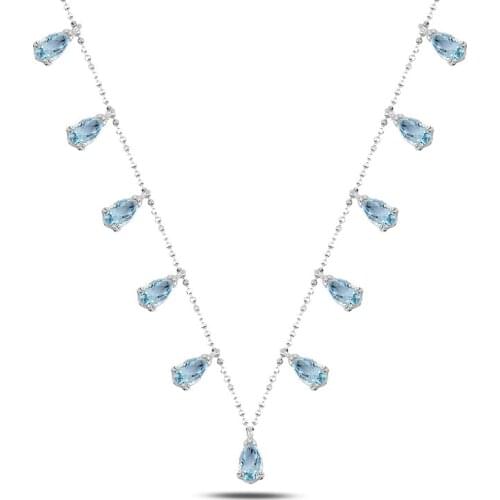 Silver 925 Sterling Drop Aquamarine Zircon Cubic Zirconia Dangle Necklace
