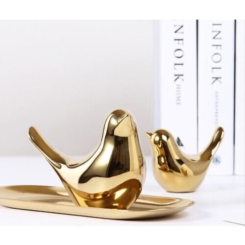 Lucky Golden Bird Figurines Modern Ceramic Bird Statues Animal Sculpture Home Decoration Crafts Gold Ceramic prop Wedding Gifts