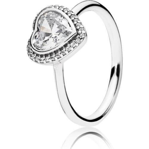 Real 925 Sterling Silver Sparkling Love Heart with Clear CZ Romantic Finger Ring for Women Lovers Wedding Fine Jewelry Gift