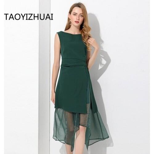 TAOYIZHUAI New Arrival Summer Patchwork Sleeveless Green Color Office Lady Fit And flare Elegant Big Long Chiffon Dress11576