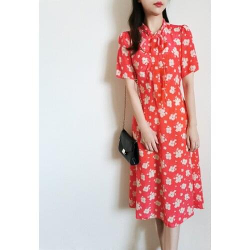 Vintage Floral Print Red Belted Collar Midi Dress UK8-14 UK Fashion