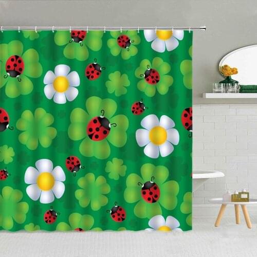Green Plant Flower Ladybug Four-Leaf Clover Shower Curtain Polyester Fabric High Quality With Hooks Bath Screen Decor 3D Printed