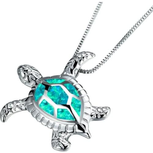 2021 New Fashion Jewelry Cute Animal Blue Green Opal Sea Turtle Pendants Necklaces For Women Vintage Silver Color Chain Necklace