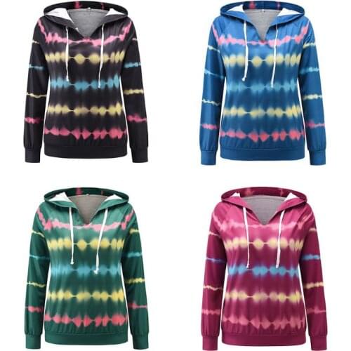 Women Long Sleeve V-Neck Drawstring Hoodies Tie-Dye Wavy Striped Sweatshirts