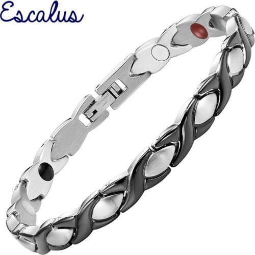Escalus Trendy Magnetic Stainless Steel Women Bracelet Ladies 4in1 Magnets Infra Red Germanium -ve Ions Black Bangle