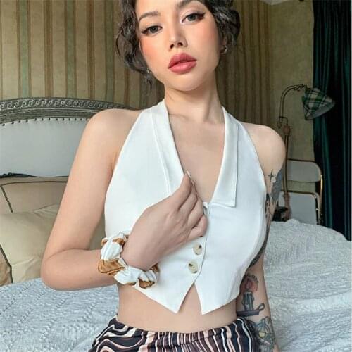 NEW Fashion Womens Halter Crop Tank Tops Sleeveless V Neck Top Solid Color Button Down Lapel Camisole Vest Cami Backless Tops