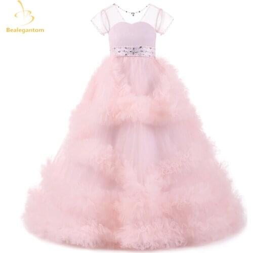 Bealegantom 2019 New Pink Blue Flower Girl Dresses With Bow Appliques Sequined Princess Kids Pageant Comunion Gown QA1219