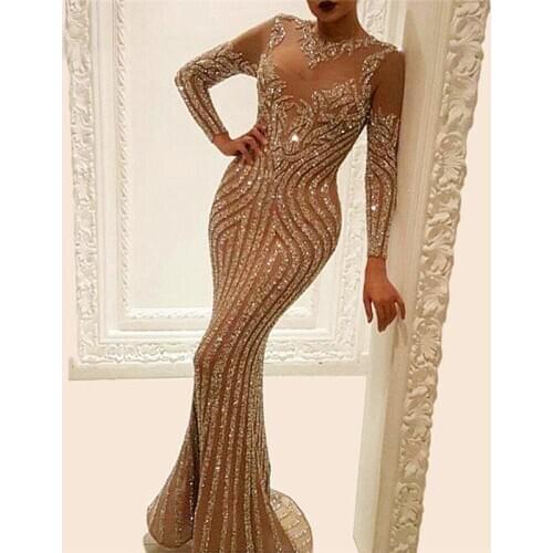 Solid Party Dress O Neck Long Sleeve Romantic Dress Elegant with Sequins Bodycon Maxi Evening Party Womens Clothing Dresses