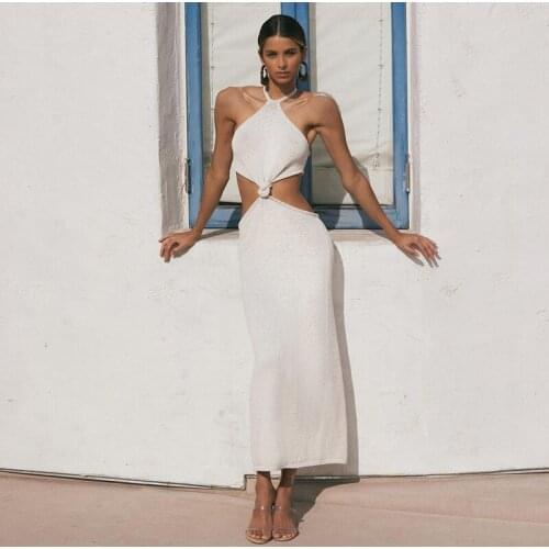 Women’s Sexy Lace-up Halter Dress Summer 2021 Solid Color Hollow Backless Slim Fit Long Dress Maxi Party Club Dresses Streetwear