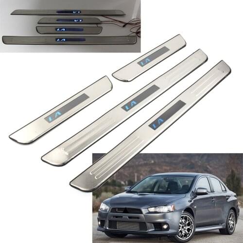 4Pcs Stainless Car Door Sill Plate Cover Scuff Trim w/ Blue LED Light For Mitsubishi Lancer