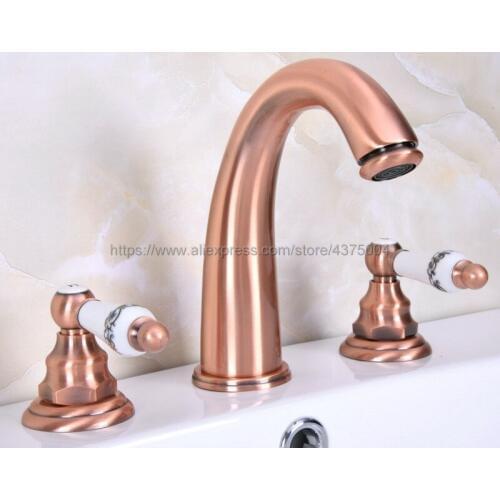 Antique Red Copper 3 Holes Double Handle Bathroom Sink Faucet Bathbasin Bathtub Taps Hot Cold Mixer Water Nrg062