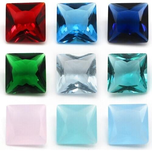Free Shipping 50pcs/lot 2x2~12x12mm Various Color Loose Glass Stone Square Cut Red Green Glass Synthetic GemStone For Jewelry
