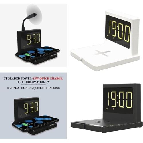 Alarm Clock Multifunctional QI Wireless Charger Time Temperature Digital Display for Bedroom Home Office Travel