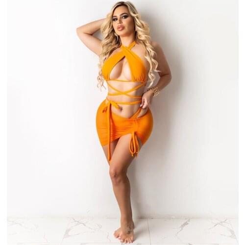 Bikini Covers Beach Sexy Dress Women Two Piece Set Club Outfits Cross Crop Tops And Mini Skirts Bodycon Summer Dress