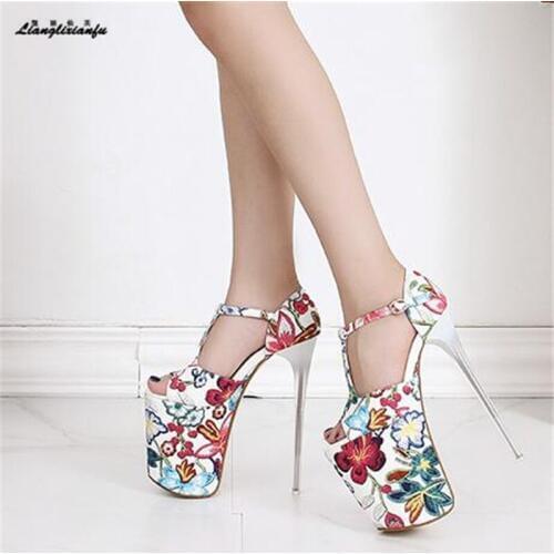 Crossdresser Stiletto T-strap Sandals 20cm Thin heels Retro Flowers Nightclub show platform shoes woman pumps Chaussures Femme