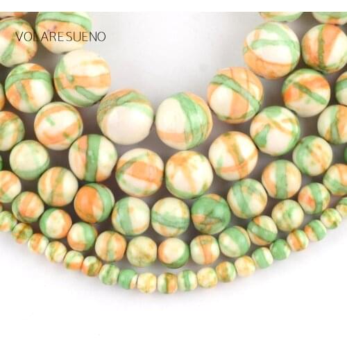Natural Stone Green Orange Stripes Rain Stone Round Beads Spacer Loose Beads For Jewelry Making 4-12mm Diy Bracelet Wholasale15"