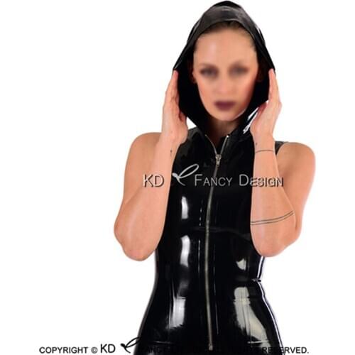 Black Sleeveless Sexy Latex Shirt With Hoodies And Front Zipper Rubber Top Coat YF-0173