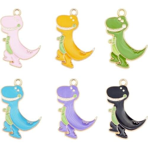 Julie Wang 6PCS Enamel Dinosaur Charms Alloy Cartoon Tyrannosaurus Animal Pendant Bracelet Jewelry Making Accessory 6 Colors