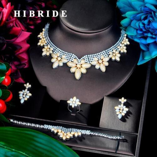 HIBRIDE Luxury Design Big Pendant Double Tone Jewelry Set CZ Earrings Necklace Women Bridal Jewelry Set Party Gifts N-904