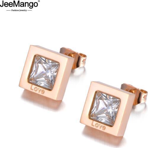 JeeMango Cubic Zirconia Stud Earrings White CZ Crystal Jewelry 3 Colors Plated Stainless Steel Women Gift Rhinestone JE18485