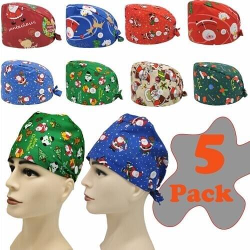 5PCS/Set Wholesale Unisex Christmas Print Scrub Cap With Sweatband Working Caps With Button Adjustable Scrub Hats For Women Men