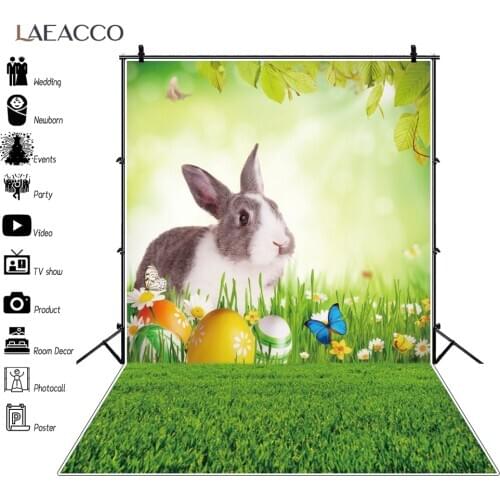 Laeacco Spring Flowers Grass Floor Butterfly Easter Eggs Rabbit Photography Backdrop Baby Easter Photo Background Photo Studio