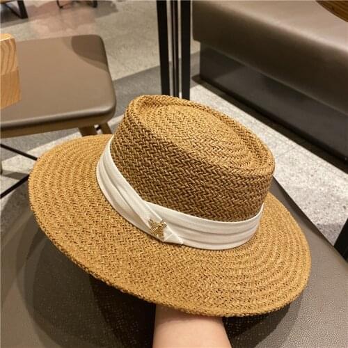 202102-2508752 new summer handmade hollow out paper grass bee ribbon fedoras cap men women leisure panama jazz hat