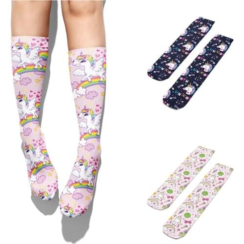 Cute Unicorn Printed Women Socks Harajuku Happy Rainbow Girls Pink Long Socks Fashion Funny Thigh High Cotton Socks For Female