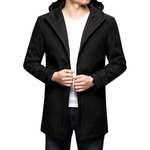 Fashion Hooded Trench Coat Men Autumn Winter Outwear Long Coat Mens Trench Zipper Windbreaker Causal Male Overcoat Jacket Coat
