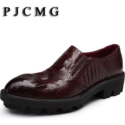 PJCMG New Fashion Men Dress Shoes High Quality Increased Thick Soles Breathable Genuine Leather Crocodile Pattern Oxford Shoes