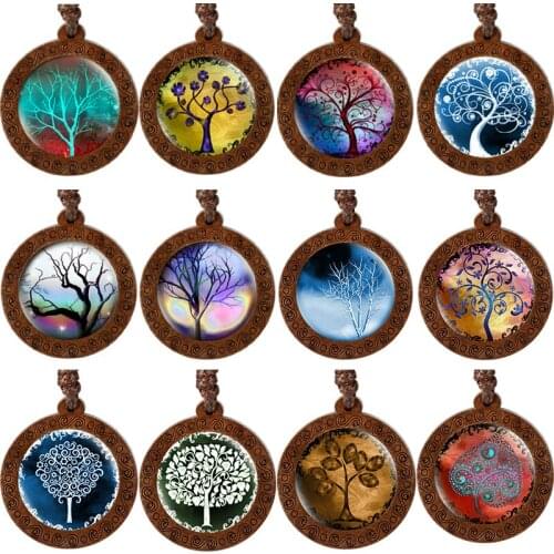 2019 Charm Glass Convex Round Punk Jewelry Pendant Necklace Life Tree Pattern Design Brown New Leather Rope For Women Men