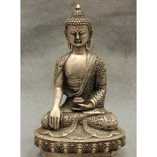 Wholesale factory 8'' Folk Tibet Silver Buddhism Shakyamuni Sakyamuni Buddha Bowl Seat Statue