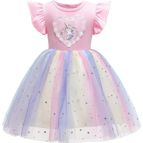 3-10T Girls 2021Dress Summer Short-sleeved Unicorn Childrens Dress Flying Sleeve Rainbow Sequined Mesh Princess dress