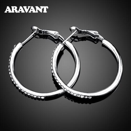 100% 925 Sterling Silver Hoop Earring For Women 35MM Round Circle Zircon Earrings Fashion Jewelry Gift