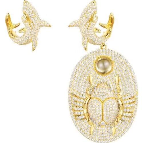 SOELLE 925 Sterling Silver Luxury Brand Jewelry Asymmetric Gold Color Shark and Scarab AB Earrings Micro Cubic Zirconia Stones
