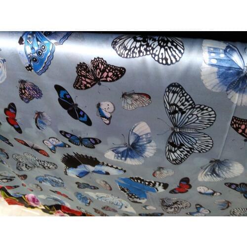 Telas 2018 New fashion blue Butterfly printed Silk fabric Brand Satin 19mm 100% Mulberry Silk tissu Cloth Hot Sale Dress Wholesa