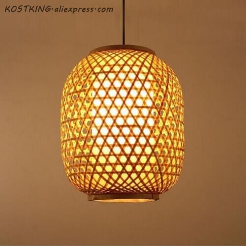 Vintage Bamboo Wicker Rattan Lantern Shade Led Pendant Ligths Fixture Rustic Art Deco Restaurant Hanging Lamp Luminaire Lighting